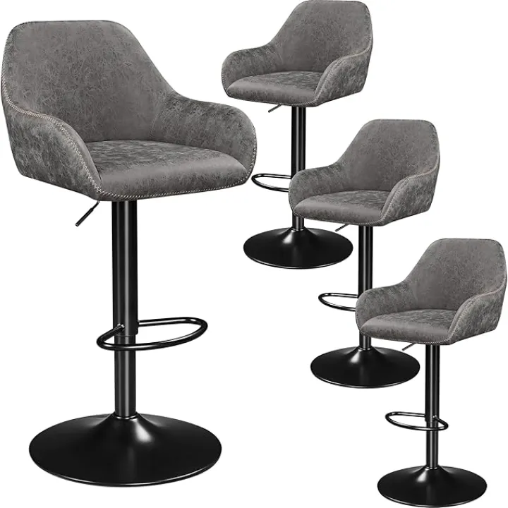Yaheetech Bar Stools Set of 2, PU Leather Swivel Counter Height Barstools, Adjustable Bar Chairs with Backrest and Footrest, Kitchen Island Stool for Home Kitchen, Grey