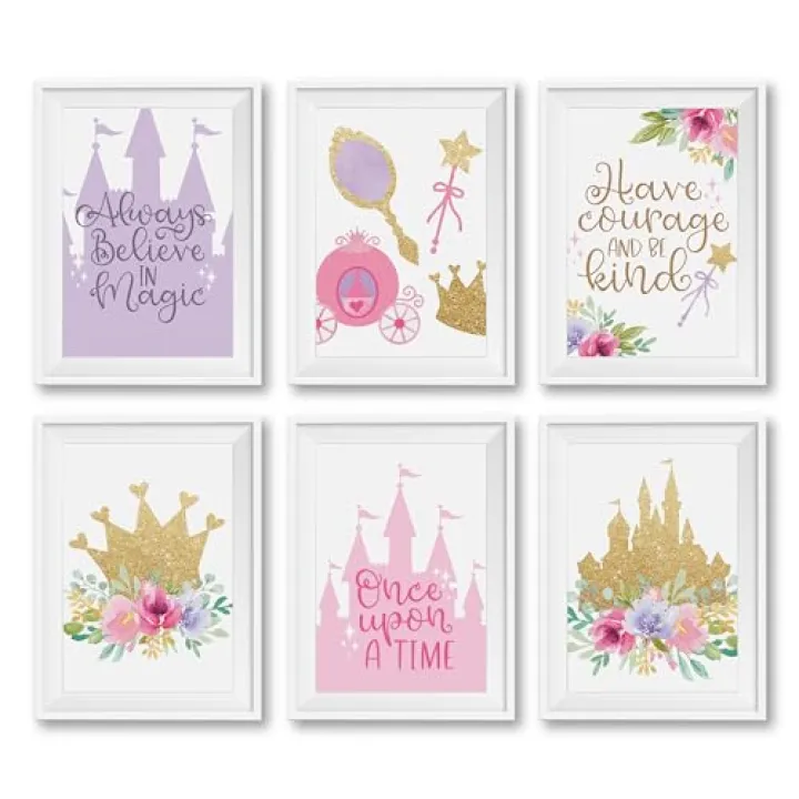 Hadley Designs 6 Princess Room Decor for Girls Bedroom – Princess Wall Decor Posters for Kids, Reversible Unframed Wall Art Pictures for Toddlers & Girls Bedroom Decors, Made in USA