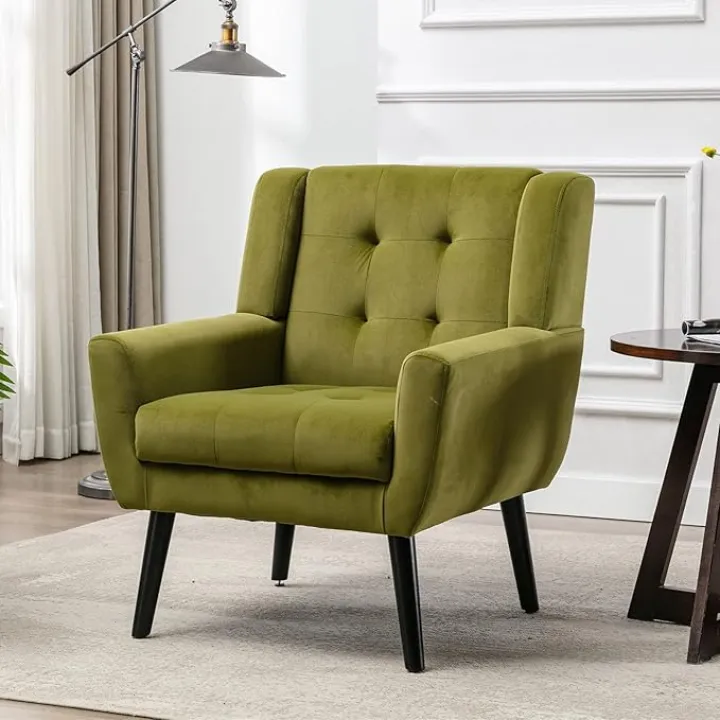 SSLine Modern Upholstered Armchair Soft Velvet Fabric Accent Chair with Black Wood Legs Comfy Single Sofa Classic Office Guest Chair w/Button Tufted Back and Seat for Living Room Family Room (Green)