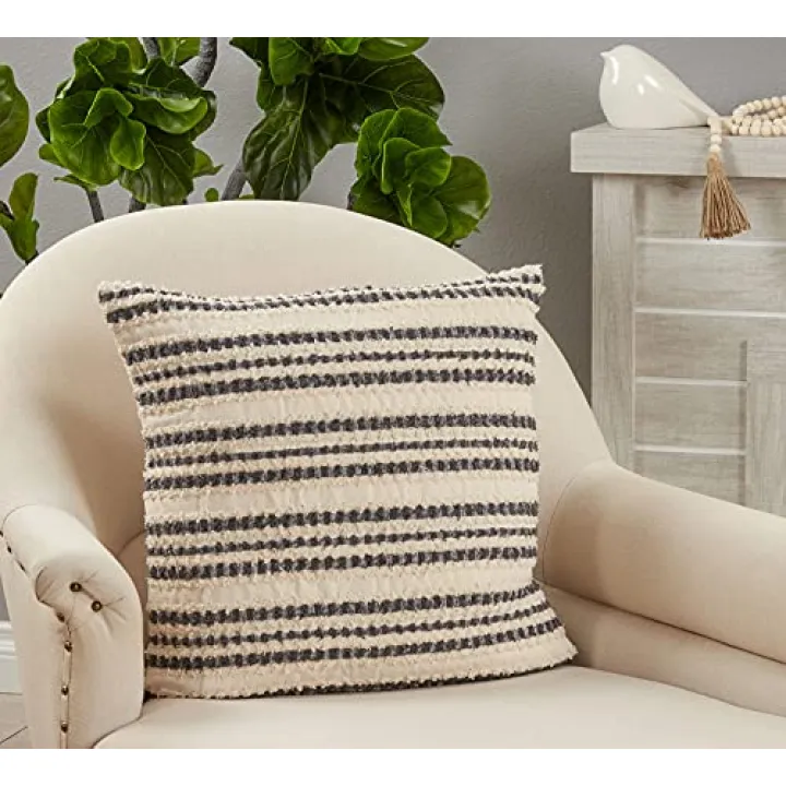 Fennco Styles Woven Striped Cotton Decorative Throw Pillow 22" W x 22" L - Black & White Textured Cushion for Home, Couch, Bedroom, Living Room and Office Décor
