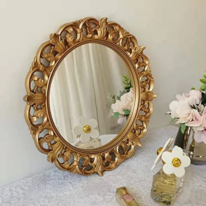 Hamphinee Sun Modeling Mirror Tray, Decorative Wall Mirror, Vintage Home Décor for Living Room, Kitchen, Bedroom, or Hallway, for Table Top or Wall Hanging Display, 12”X12”, Gold
