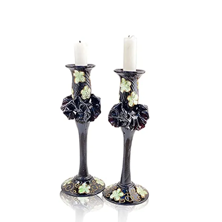 Set of 2 Black Hand Blown Glass Candle Holder, Hand Painted Flowers