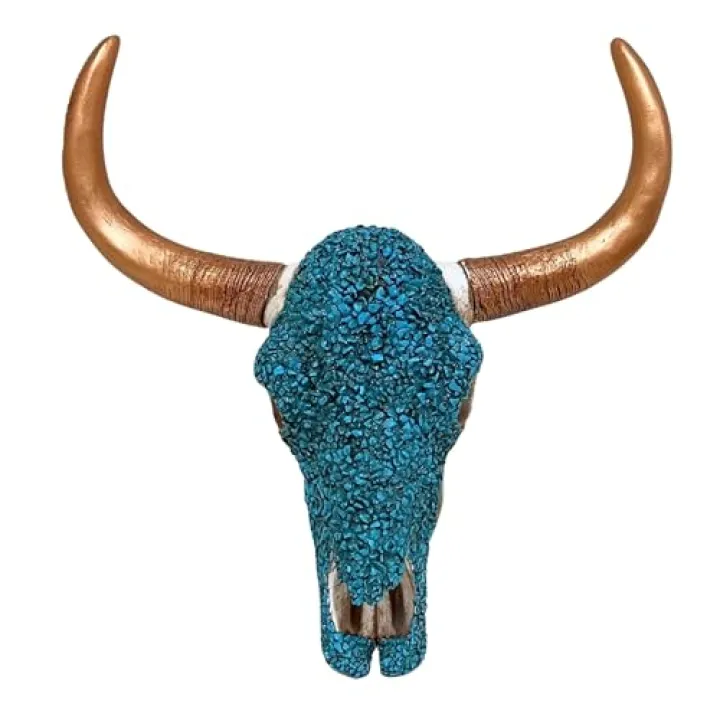 BestGiftEver Turquoise Cow Bison Skull Head with Gold-Tone Painted Horn Wall Hanging - Rustic Bull Skull Wall Art for Rustic Lodge Decor with Western Native American-Themed