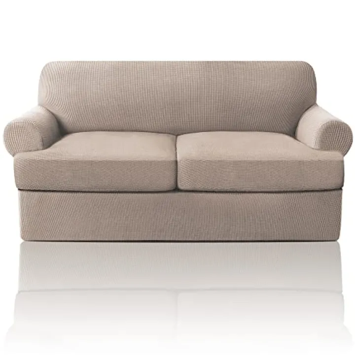PrinceDeco T Cushion Loveseat Slipcover 3 Pieces Sofa Covers for T Cushion Sofa Stretch Slip Covers for 2 Cushion Couch with 2 Individual T Shape Seat Covers Width Up to 76" - Washable, Sand