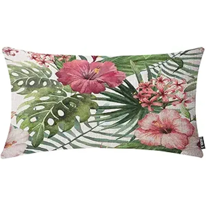EKOBLA Watercolor Floral Decorative Square Throw Pillow Covers Hawaii Palm Tree Hibiscus Farmhouse Oblong Rectangle Cushion Cover Pillowcases Cotton Linen Cushion Cover 12x20 Inches