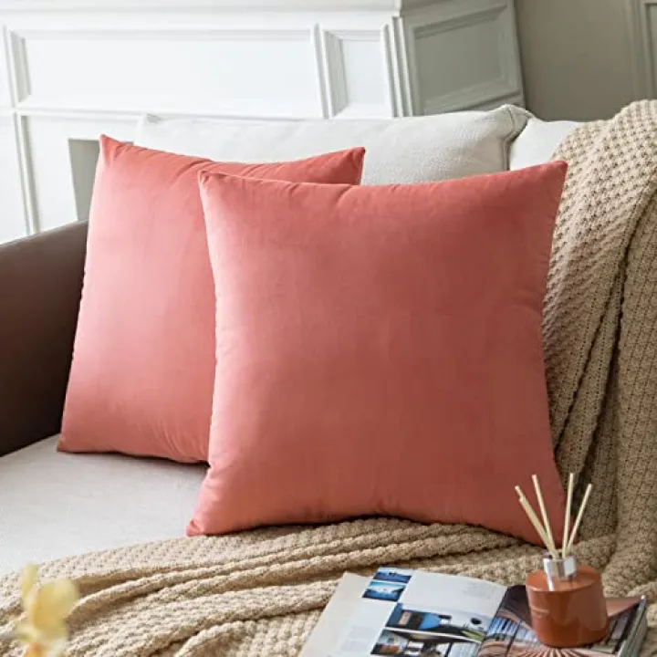 Colormz Set of 2 Salmon Pink Colored Solid Velvet Throw Pillow Covers, Cozy Soft Accent Pillow Cases for Sofa Couch Bed and Living Room - 18"x18"