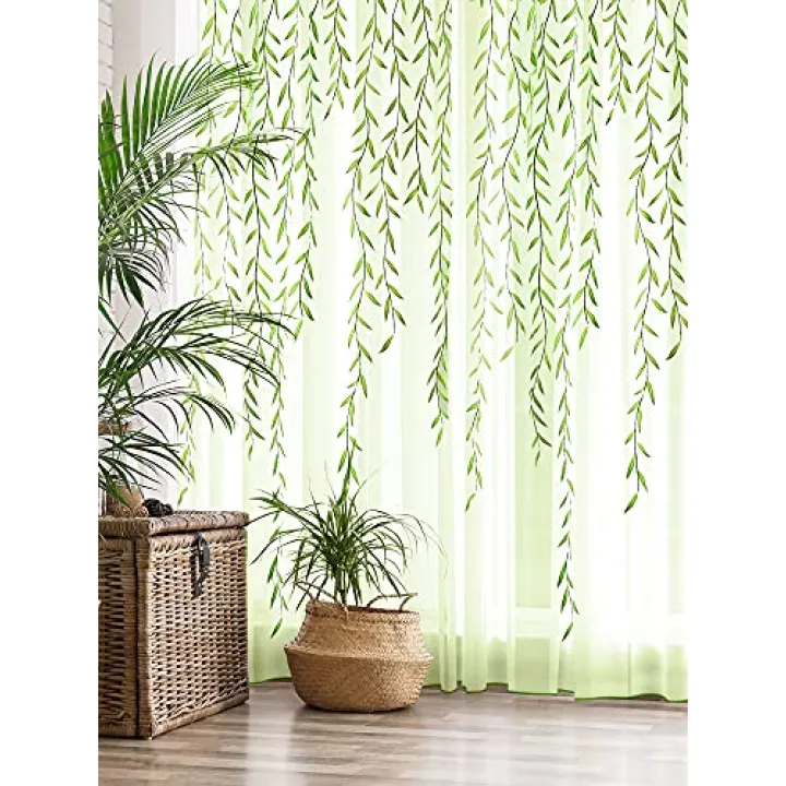Breling Willow Voile Curtains Cute Green Sheers Leaf Tulle Vine Window Sheers Ivy Pretty Curtain for Living Room Bedroom Window Door Balcony(2 Pieces,39.4 x 78.7 Inch)