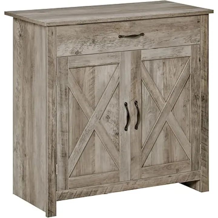 HOMCOM Farmhouse Sideboard Buffet with Drawer and Adjustable Shelf, Barn Door Coffee Bar Cabinet for Living Room, Entryway, Gray