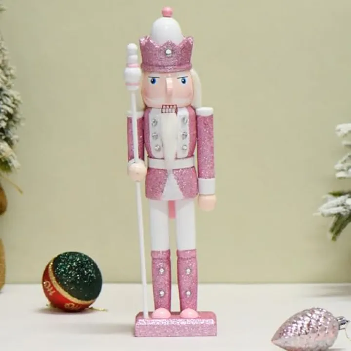 Happy L Nutcracker Figures, 12 Inches Traditional Wooden Nutcracker Soldier Christmas Decorations Clearance for Xmas Indoor Tabletop Desktop Fireplace Home Farmhouse Ornaments (Pink)