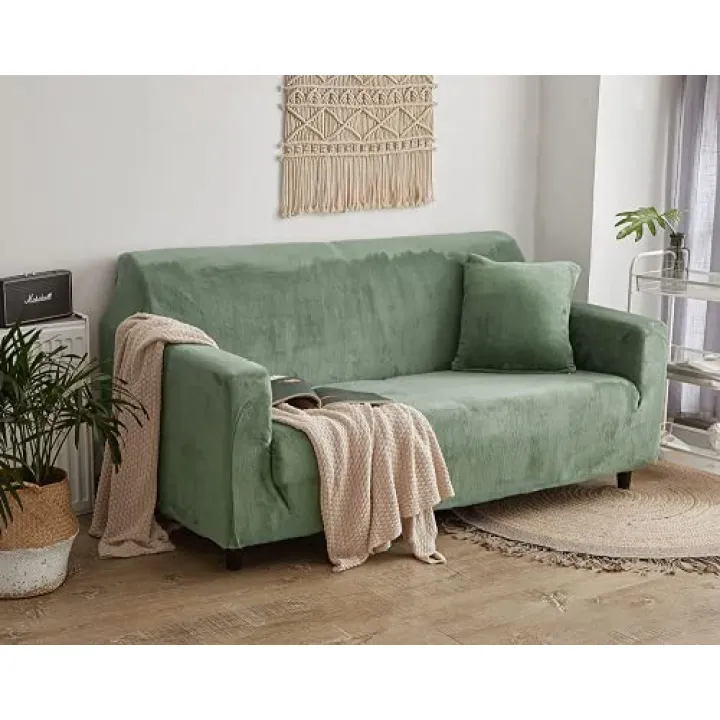 vannawong Ultra Soft Velvety Armchair Sofa Slip Cover, Solid Color Spandex Elastic Loveseat Furniture Protection Couch Wrap, Non Slip Dustproof Loveseat Covers for Living Room Green 57"-72"
