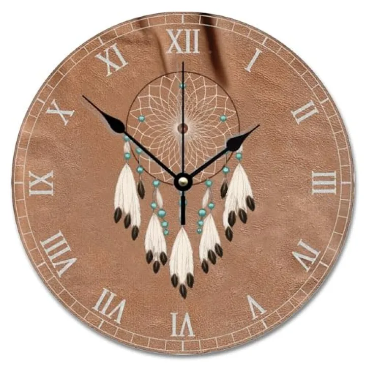 ArogGeld Native American Dreamcatcher Clock Boho Indian Talisman Wall Personalized 10 Inch Battery Operated Decor Silent Non-Ticking Wooden Wood Clocks for The Kitchen Bedroom Office,