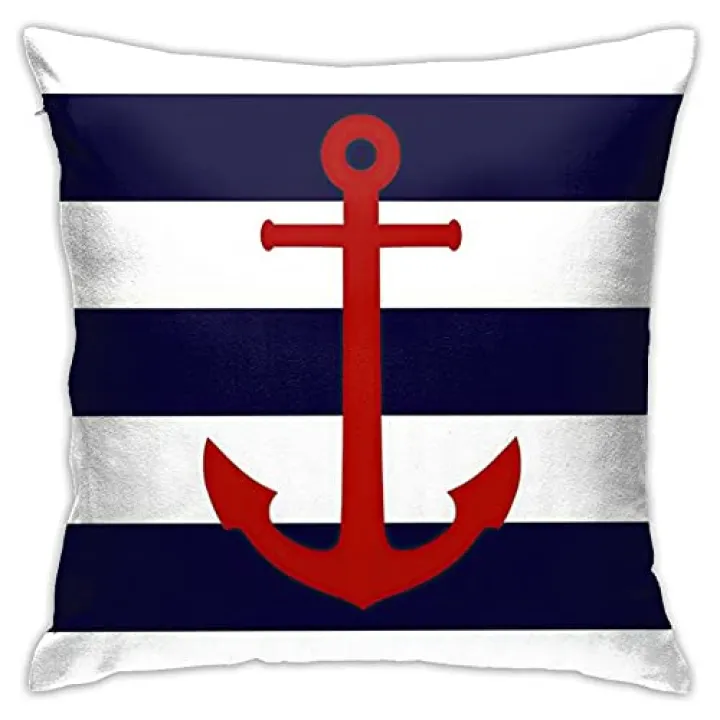 Myshe Square Nautical Red Anchor On Navy Blue Stripes Throw Pillow Cover Decorative Pillow Cover Perfect Decor Gift for Sofa Bedroom Home Decoration 18x18
