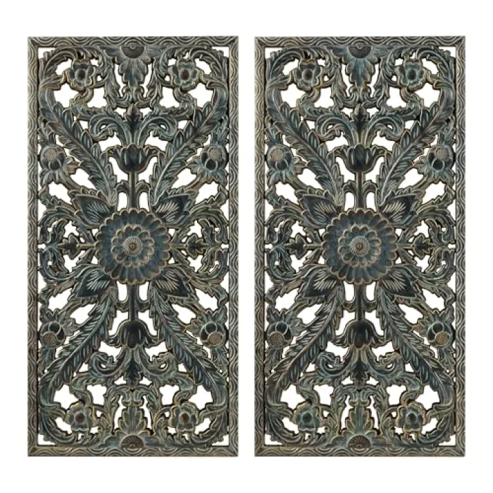 Madison Park Wall Art Living Room Décor - Floral Antiqued Wooden Carving Wall Decor Panel, Copper Embellished, Ready to Hang Wall Decor for Bedroom, 15.75"W x 31.5"L x 0.59"D, Patina Blue, 2 Piece