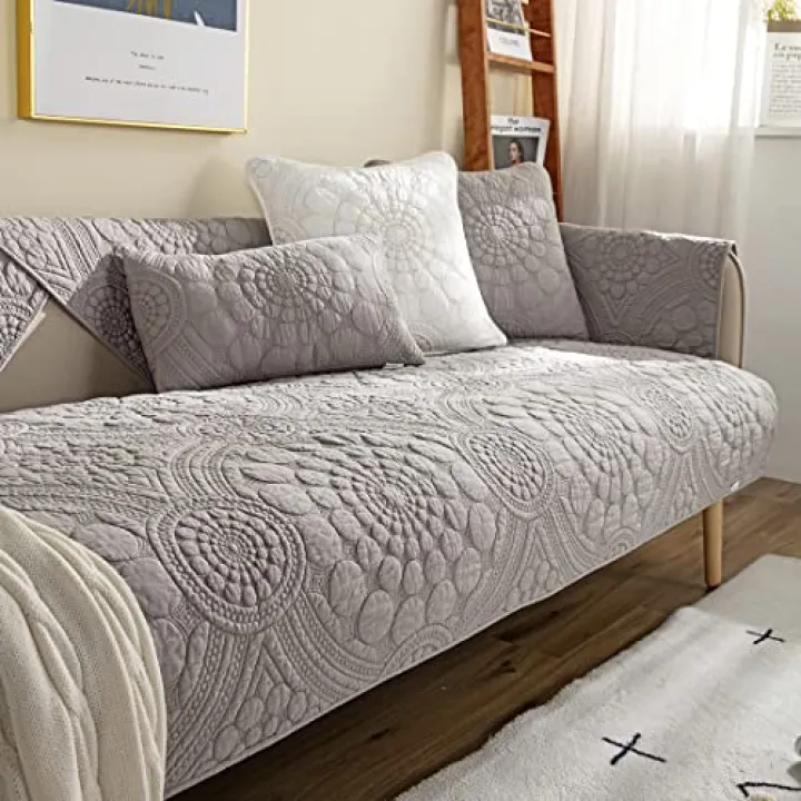 vctops Boho Circle Embroidery Couch Sofa Cover Solid Color Cotton Quilted Non-Slip Sectional Couch Covers Sofa Slipcover for Dogs, Children, Pets Furniture Protector (Grey,36"x47")