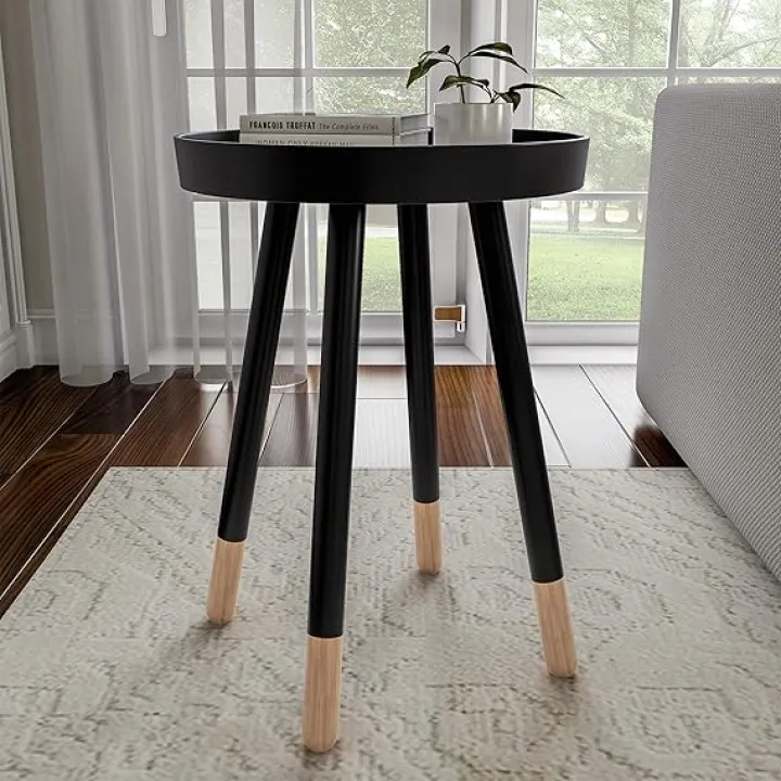 Round End Table - Wooden Mid-Century Modern Side Table with Tray Top and Two-Tone Color - Living Room Furniture by Lavish Home (Gray)