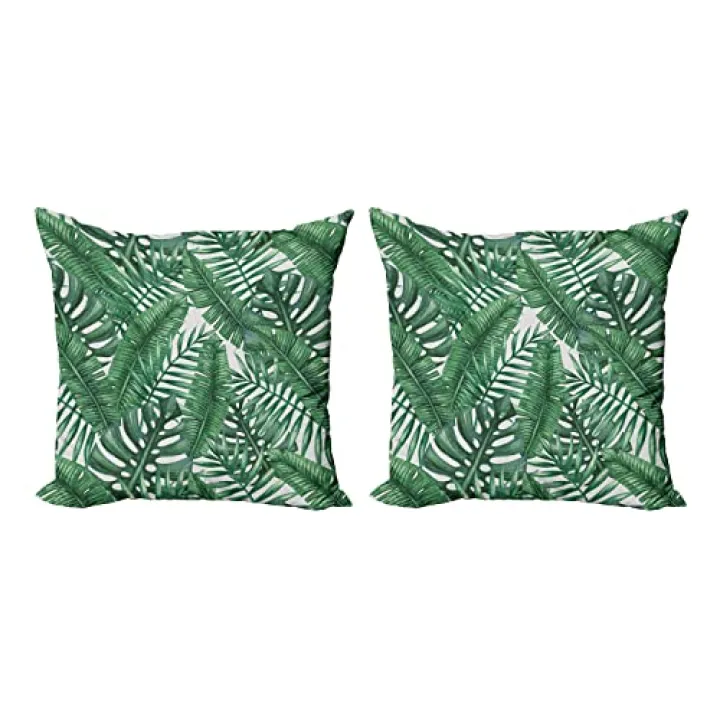 Ambesonne Palm Leaf Throw Pillow Cover Set of 2, Watercolor Art of Palm Tree Leaves Fresh Jungle Rainforest Plants, Decorative Square Covers for Couch Bed & Sofa, 20"x20", Forest Green and White