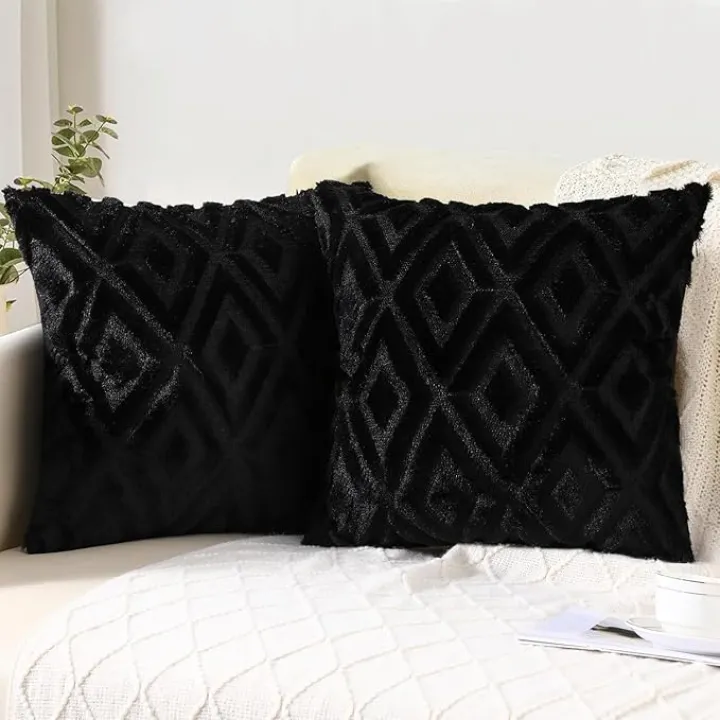 Pallene Soft Faux Fur Throw Pillow Covers 18x18 Set of 2 - Plush Wool Decorative Couch Pillow Covers for Sofa Bed Living Room - with 3D Diamond Pattern - Black