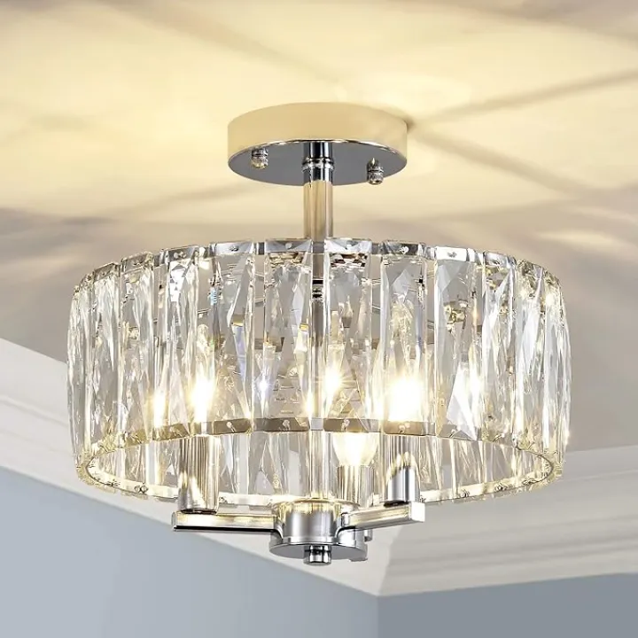 AGV LIGHTING CL003F K9 Crystal Ceiling Light Fixture, Modern Semi Flush Ceiling Lights, Perfect for Living Room, Bedroom, Dining Room, D13 x H15, 3-Light Chrome Finish