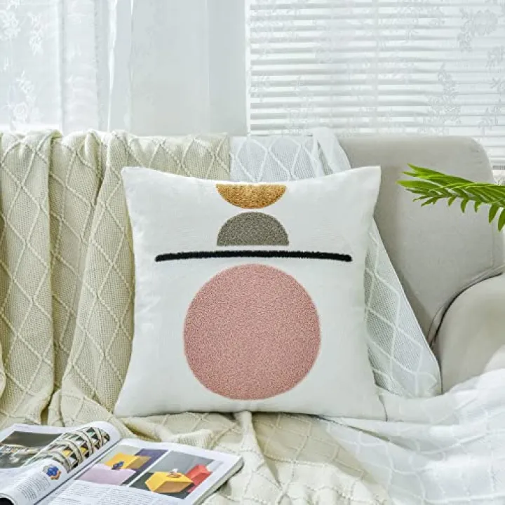 Boho Embroidered Throw Pillow Covers Soft Tufted Neutral Accent Pillowcase,Simple Geometric Textured Pattern Decorative Abstract Sham for Modern Home Decor -1 Pcs，18x18 Inches(Pink,Beige)