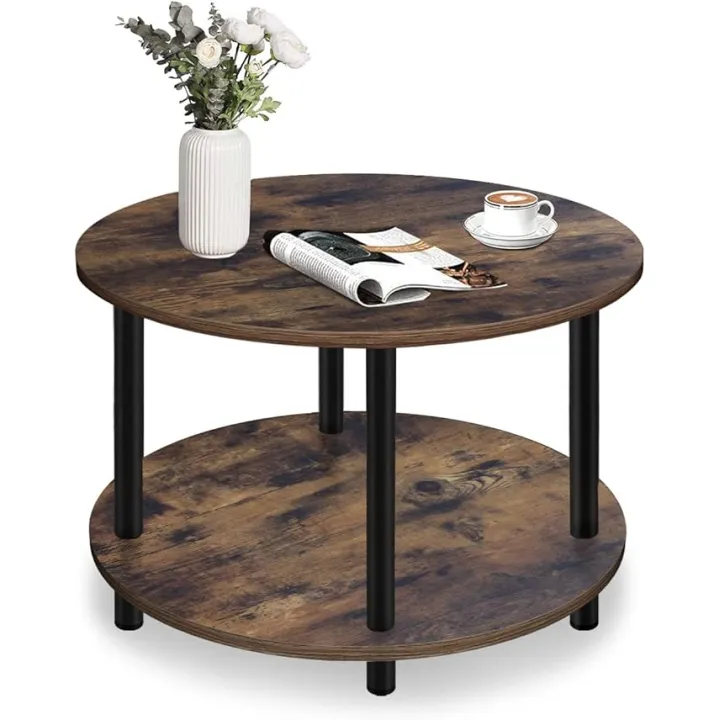 Small Round Coffee Table for Small Space, 23.5" 2-Tier Rustic Brown Wooden Coffee Table with Open Storage for Living Room/Balcony/Office, Metal Legs, Easy to Assemble