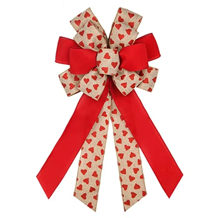 Hying Large Valentine's Day Bows for Wreath, Linen Heart Red Valentine Wreath Bow for Valentine Décor - Burlap Red Bow for Front Door Indoor Outdoor Wall Valentine's Day Decoration Supplies Ornament