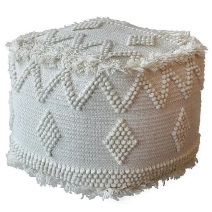 BOWERY HILL Modern Hand Woven Wool and Cotton Pouf, 18" x 18" x 18", Ivory Finish, Bohemian Raised Pattern, Fringed Edges, Lightweight Accent Ottoman for Living Room or Bedroom Decor