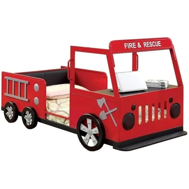 Roseberry Kids Modern Metal Novelty Twin Fire Truck Bed in Red