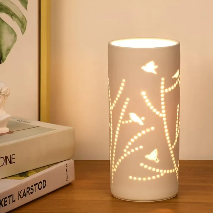 Lampwell Dana Small Modern Ceramic Table Lamp, White, 3.54H7.87IN, Bulb Excluded, Carving Tree