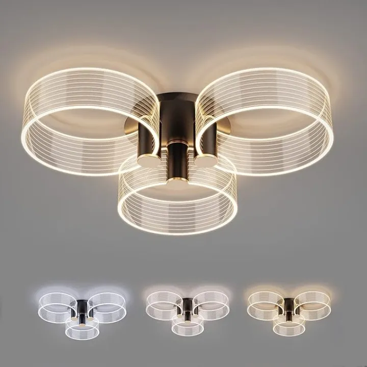 LED Ceiling Light, Dimming Flush Mount Ceiling Chandelier with 3 Acrylic Round Decorative Lights for Living Room, Bedroom & Dining Room - 30W, 3000K-4000K-6500K