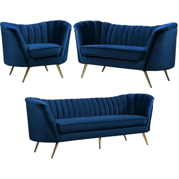 Home Square 3-Piece Set with Accent Chair Loveseat and Sofa in Navy and Gold