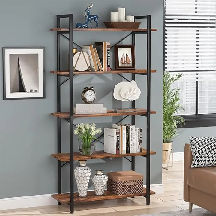 Tribesigns 5 Tier Bookshelf, Industrial Etagere Bookcase with Metal Frame, Rustic Tall Book Shelf Unit for Living Room, Study, Home Office (1, Rustic)