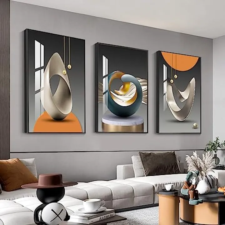 MPLONG Bright Style Framed Wall Art - Abstract Modern Shape Pattern in White, Blue, Yellow, Grey - Artfully Matching Living Room, Bedroom, Office Decor - 16"x 24"x 3 Panels