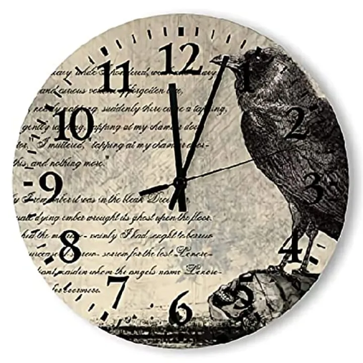 ArogGeld The Raven Distressed Style Wall Clock Gothic Horror Round Decor 10 Inch Battery Operated Large Decorative Silent Wood Hanging Clocks Bedroom Living Room Style-5 One Size