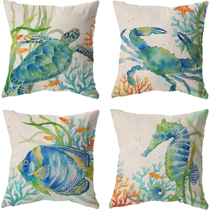 Coastal Throw Pillow Covers Ocean Outdoor Beach Pillows Cover 18x18 Inch Set of 4, Summer Theme Sea Turtle Seahorse Sea Fish Sea Crab Decor Square Pillowcase for Patio Couch Sofa
