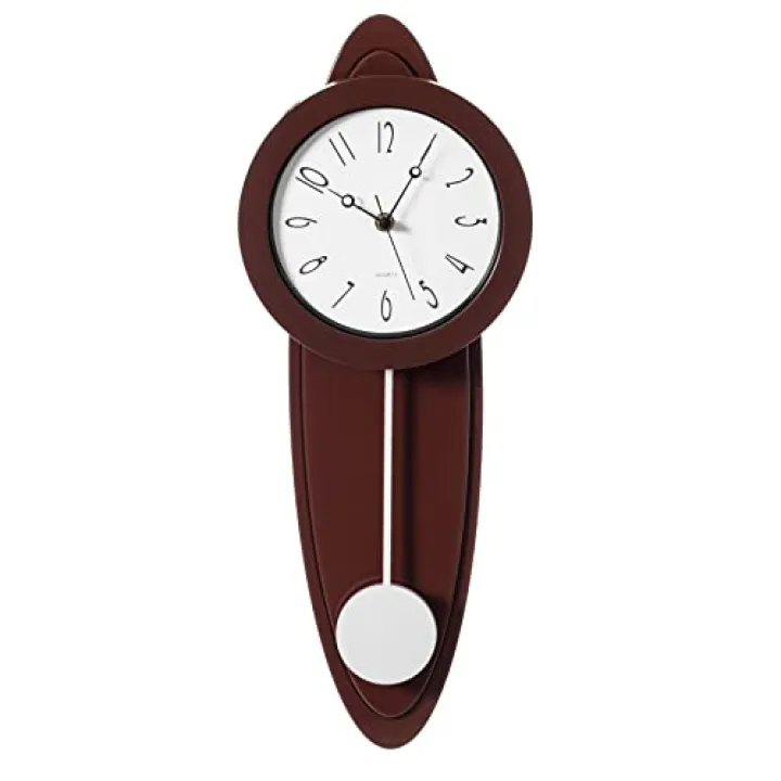 Quickway Imports Modern Grandfather Brown Oval Pendulum Wood-Looking Plastic Wall Clock for Living Room, Kitchen, or Dining Room