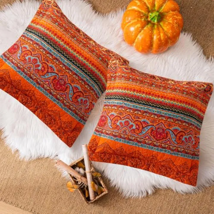VAPUTAR Boho Decorative Throw Pillow Covers for Couch Bed Sofa,Cushion Covers 18 x 18 Inch Square Farmhouse Throw Pillow Covers Set of 2,Red Striped Jacquard Pattern