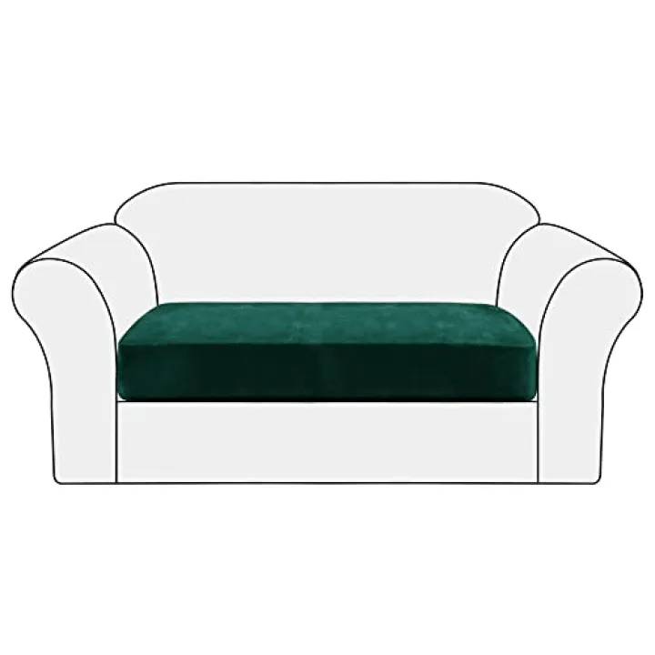 PENDEJATO Stretch Couch Cushion Covers, Soft Velvet Seat Covers Back Cushion Slipcovers Furniture Protector with Elastic Bottom (Medium, Dark Green)