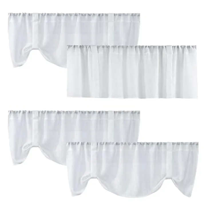 Home Queen White Semi Sheer Tie Up Curtain Valances, Linen Textured, Rod Pocket Balloon Window Topper for Living Room, 54 X 20 Inch, 4 Pieces