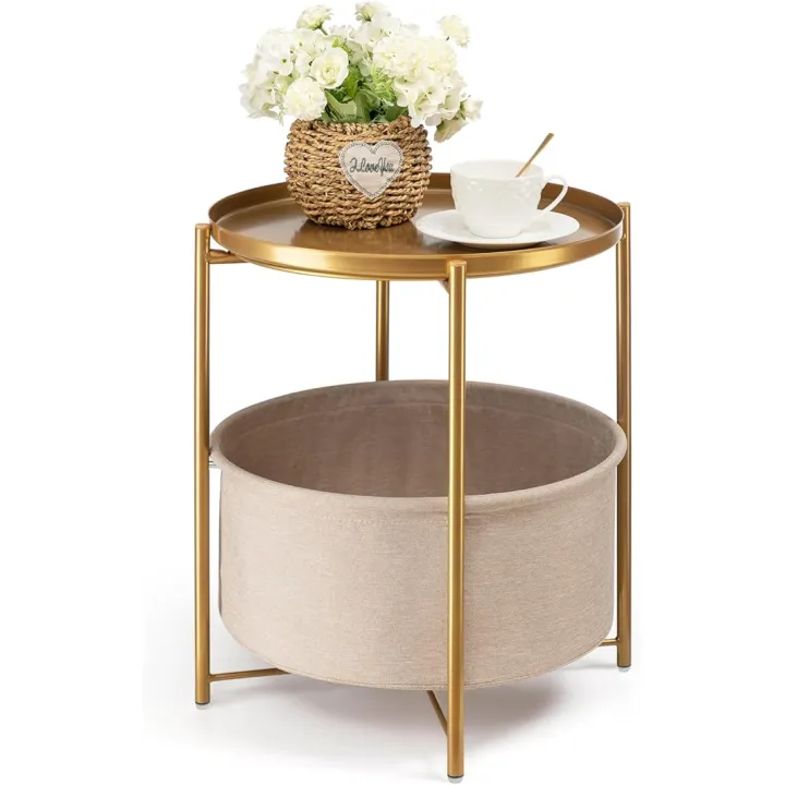 danpinera Round Side Table with Fabric Storage Basket, Metal Side Table Small Bedside Nightstand with Removable Tray Top for Living Room, Bedroom, Nursery, Laundry, Light Pink