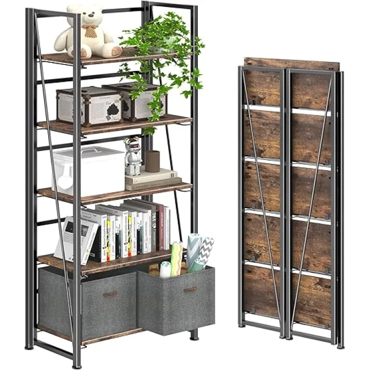 4NM No-Assembly Folding Bookshelf Storage Shelves 5 Tiers Vintage Bookcase Standing Racks Study Organizer Home Office (Rustic Brown and Black)