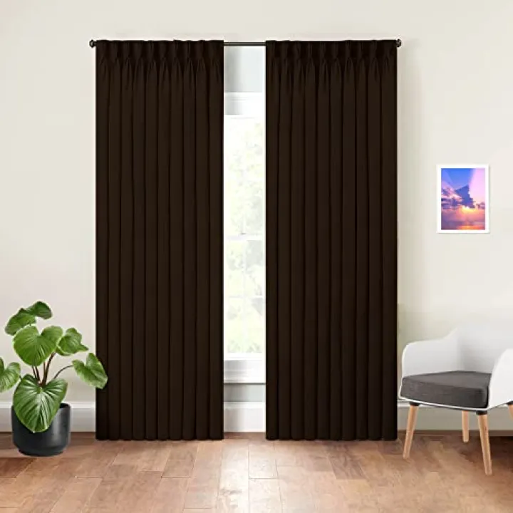 Mamu Thread Collection Triple Pinch Pleated Blackout Curtains Thermal Insulated Window Panels for Living Roomi,Office, Polyester Blend (Dark Chocolate, 60 Inch Wide by 132 Inch Long- 1 Panel)
