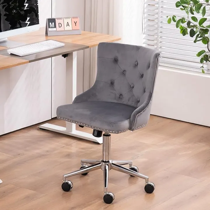 VINGLI Grey Velvet Armless Home Office Desk Chair with Gold Base/Wheels, Small Cute Vanity/Makeup Chair with Back for Bedroom, Upholstered Adjustable Rolling Swivel Nail Chair for Women/Girls