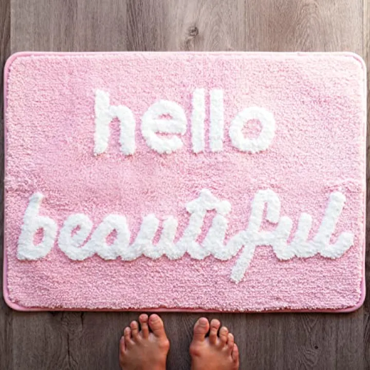 Evovee Hello Beautiful Bath Mat Light Pink Blush Peach Coral Cute Bathroom Rugs for Girls You Look Good Gorgeous Funny Shower Fun Bathroom Decor Non-Slip Washable Kids Women