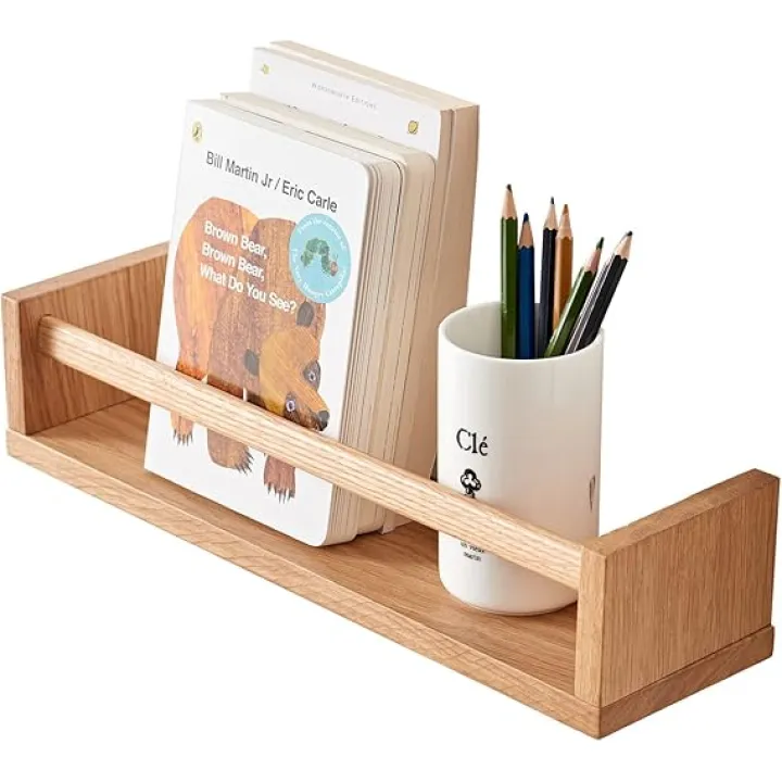 Oak Nursery Shelves, Natural Wood Nursery Floating Shelves for Wall Mounted, Wall Bookshelf for Bedroom Living Room Kitchen Spice Rack,16 Inch