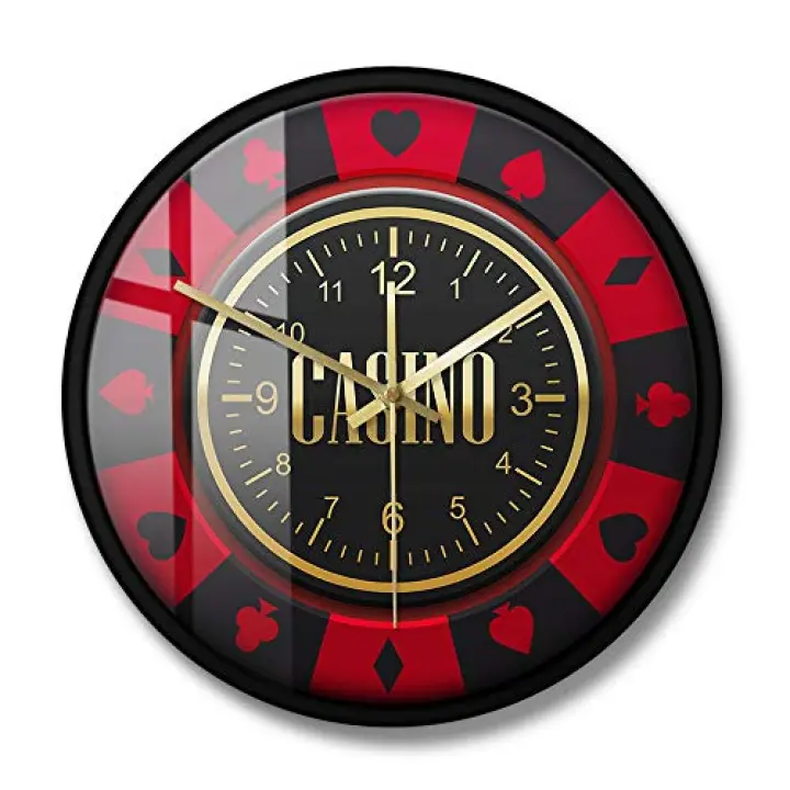 The Geeky Days Gamble Chip Printed Battery Operated Metal Frame Wall Clock Roulette Tournament Chip Design Hanging Silent Non-Ticking Clocks Watch for Pub Club Casino Wall Decor