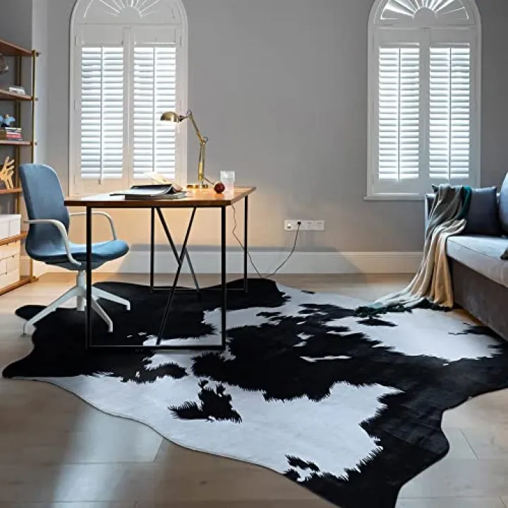 Rugoo Black Faux Cowhide 8.3 ft x 6.2 ft Cow Print Faux Animal Skin Faux Fur Rug for Living Room, Bedroom, Nursery