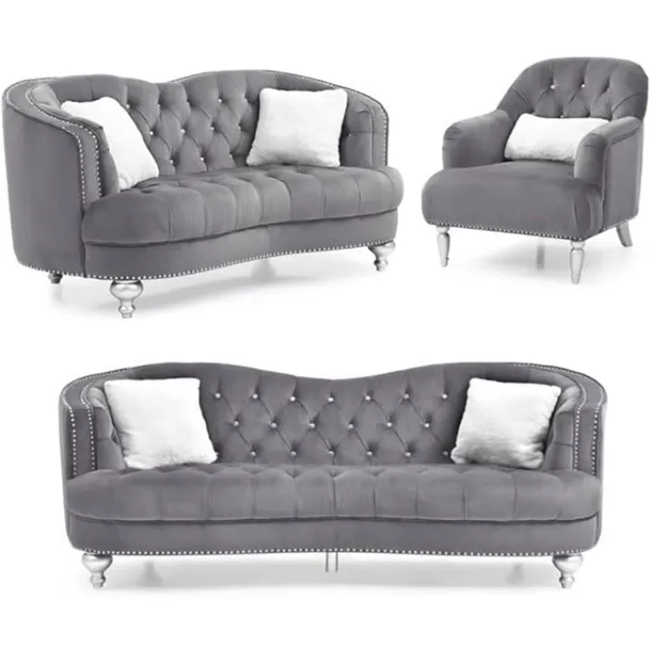 Home Square 3-Piece Set with Velvet Chair Loveseat and Sofa in Gray