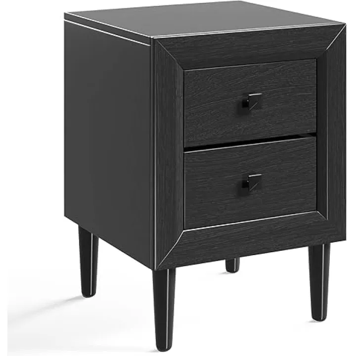 Giantex Black Nightstand Set of 2, Fully-Assembled 2-Drawer Bedside Tables with Solid Wood Legs for Bedroom, Modern Night Stand Side Table for Small Space Living Room