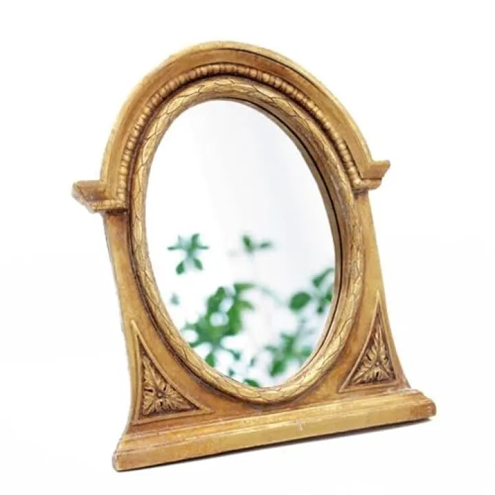 Eaoundm 8.3 x 7.1 inch Arch Mirror Antique Resin Frame Vintage Hanging Mirrors Tabletop Mirrors Gold Oval