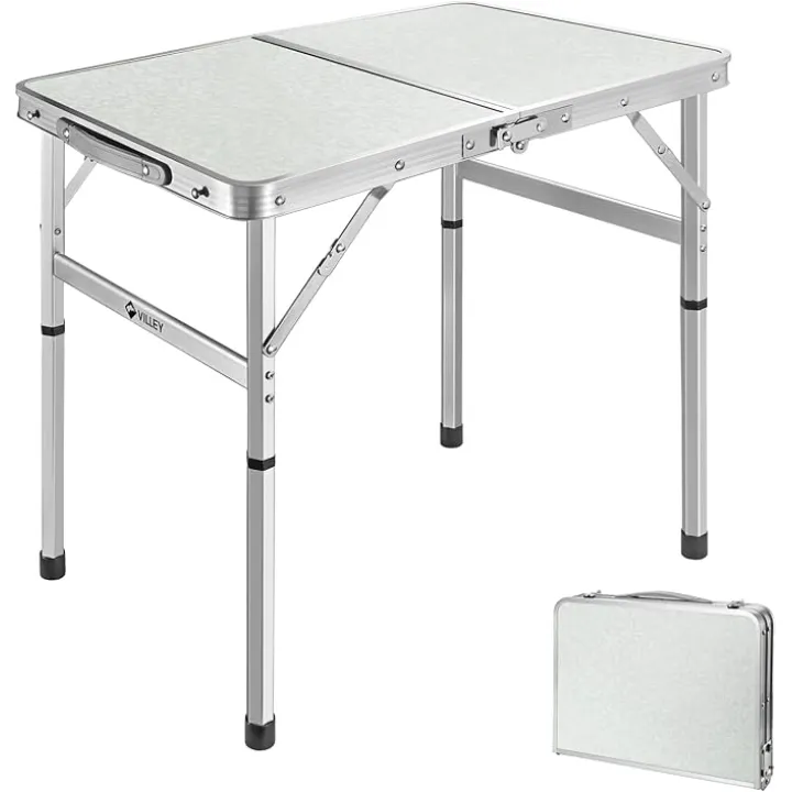 VILLEY Folding Camping Table, 2ft Small Portable Lightweight Outdoor Table with Aluminum Adjustable Legs for Travel Picnic Cooking Beach